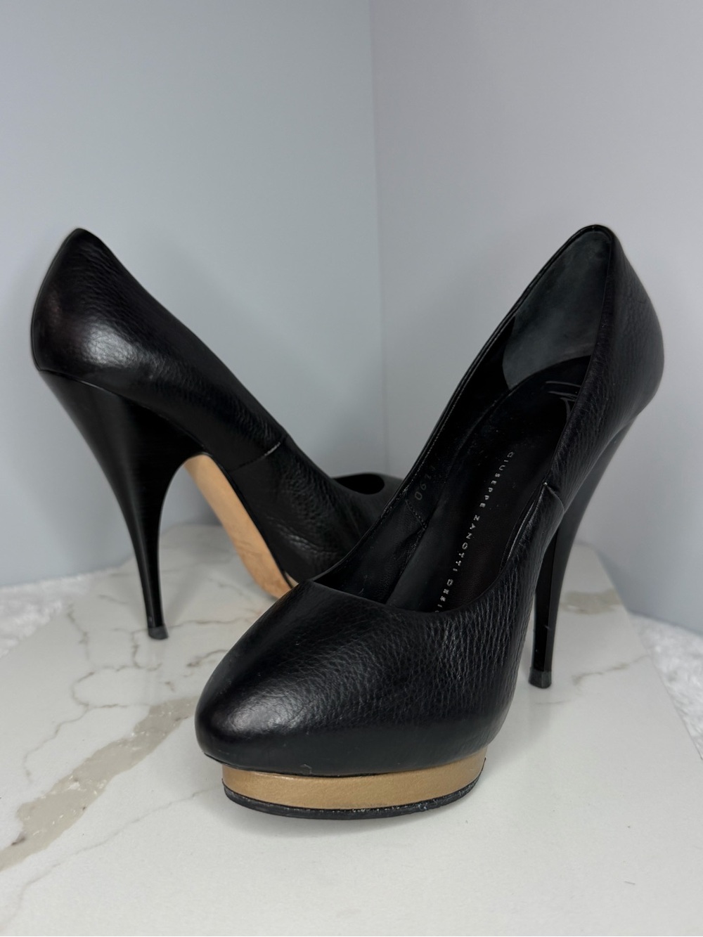 Giuseppe Zanotti Black Leather Platform Stiletto Heels with Tan Platform Accent